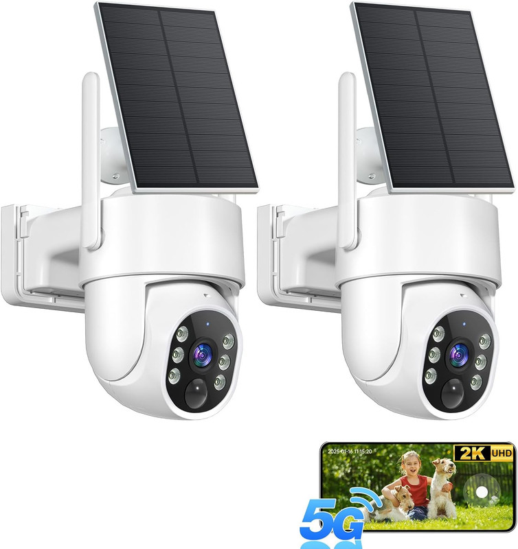 Wireless Solar Security Cameras, 5G WiFi, 2K PTZ, Night Vision, 2-Pack