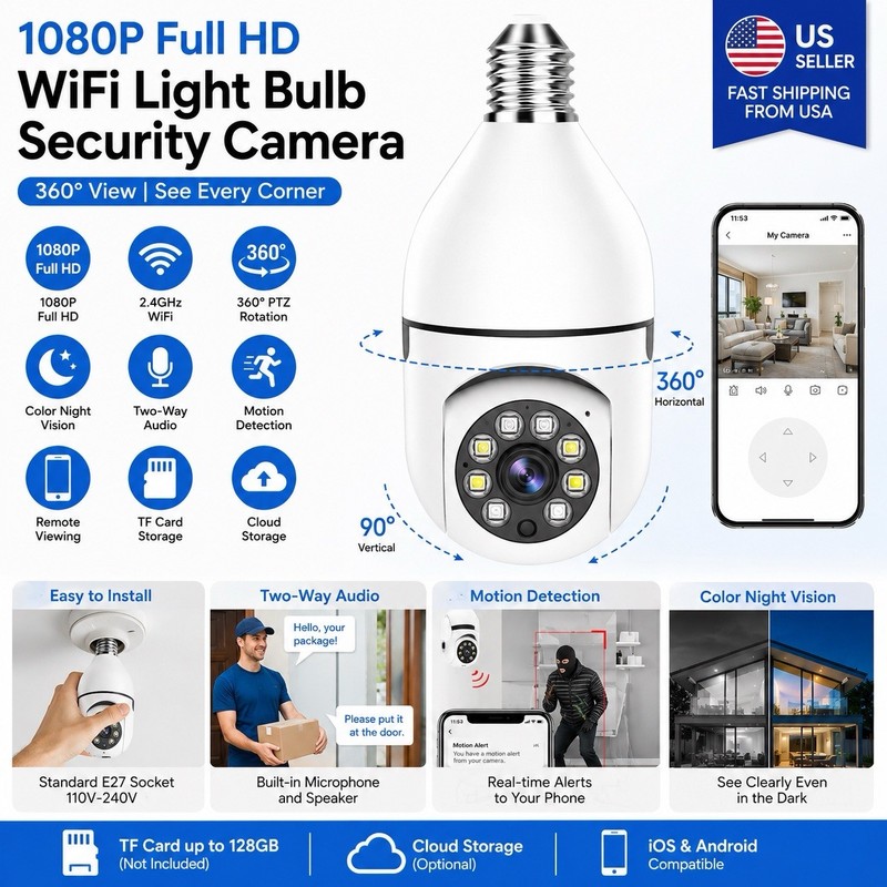 360° 1080P IP E27 Light Bulb Camera Wi-Fi IR Night Smart Home Wireless Security
