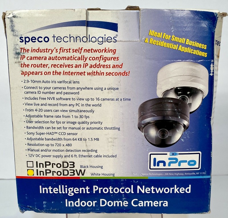Speco INPROD3W IP Auto-Networking Indoor Dome Camera InPro Series 2.9-10mm White