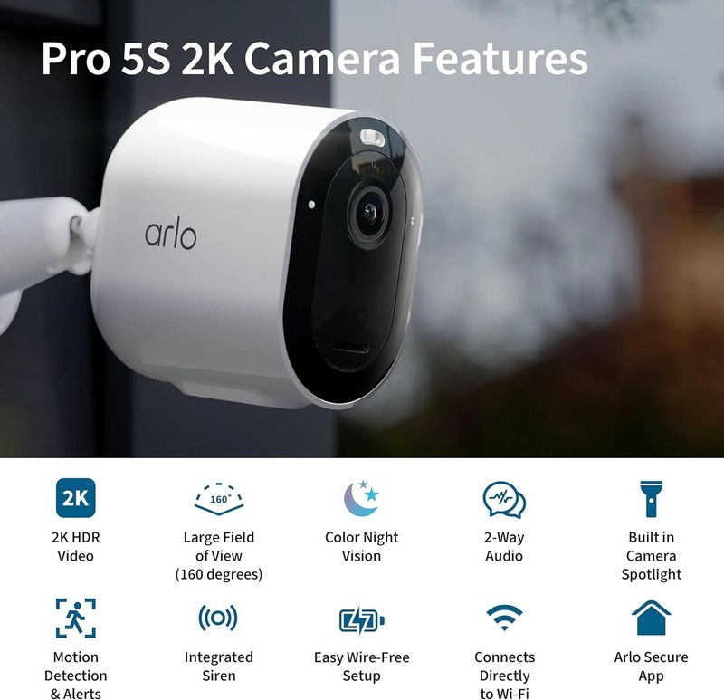 Arlo VMC4360P Pro 5S 2K Wire Free Outdoor Security Camera - White, Pack of 3 gallery