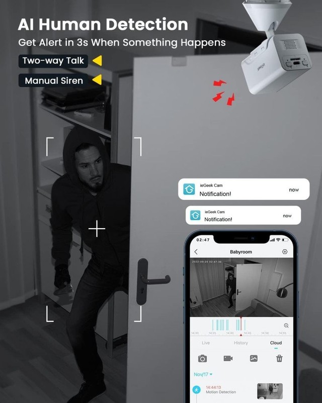 Portable Wireless Indoor Security Camera 1080P Human Detection 2-Way Talk, Siren gallery