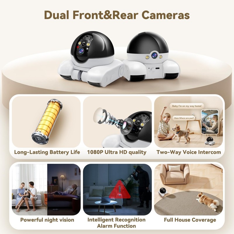 AEZ Robot on Wheels 1080P Dual Lens,Indoor Movable with 2-Way Talk,Blinky Bot... gallery