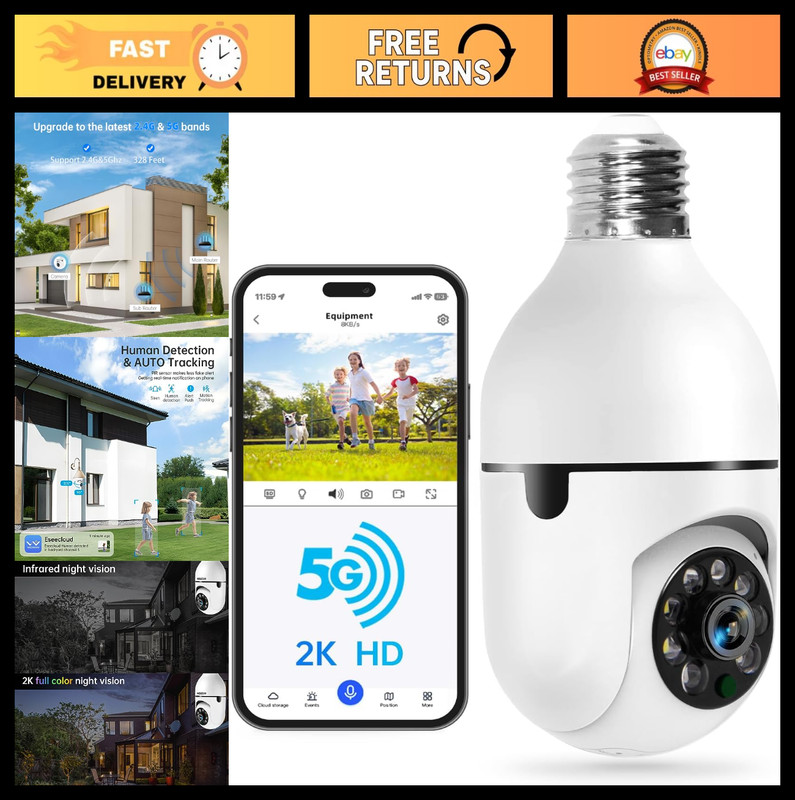 Wireless Light Bulb Security Camera – 2K HD, Motion Detection, Color Night Visio