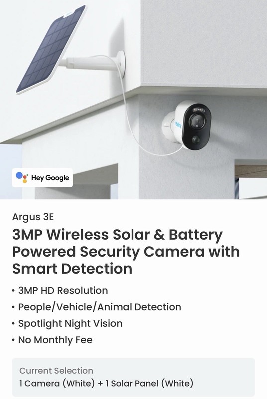 Reolink Argus 3e Solar-Powered Security Camera with 3MP Wireless Wi-Fi – 2 Pack