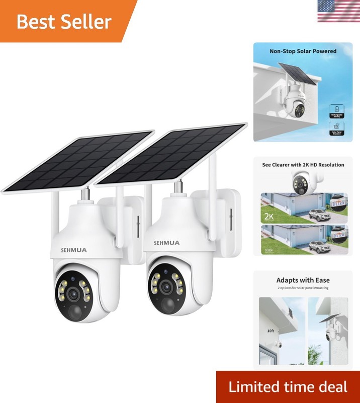 Two Solar-Powered 2K Security Cameras – 360° View, PIR Alarm, Color Night Vision