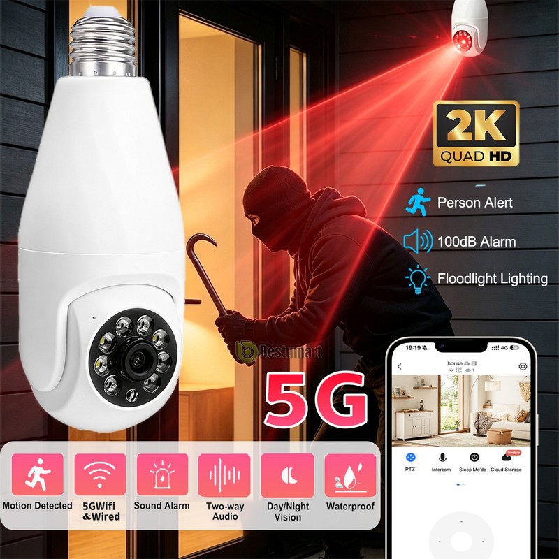 WiFi 2K Wireless Security Camera 360° 5G Night Home SmartCam E27 Light Camera gallery