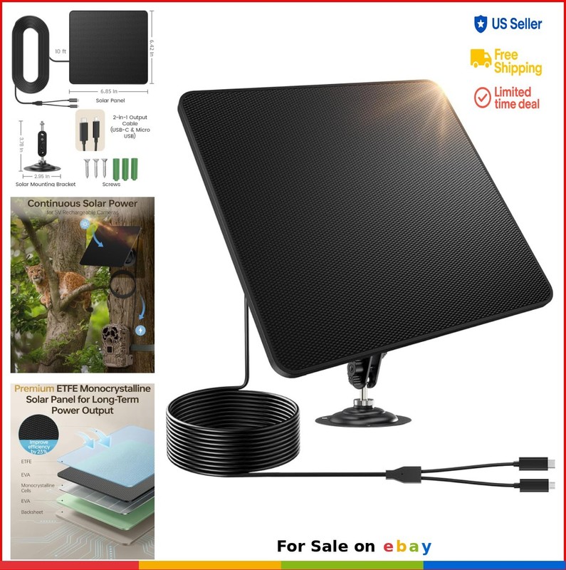 6W Solar Panel for Security Cameras Micro USB USB-C IP67 Waterproof Adjustable
