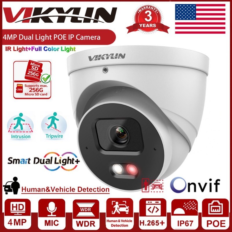 Vikylin 4MP POE IP Camera MIC Full Color+IR Dual Light Intrusion Tripwire Onvif