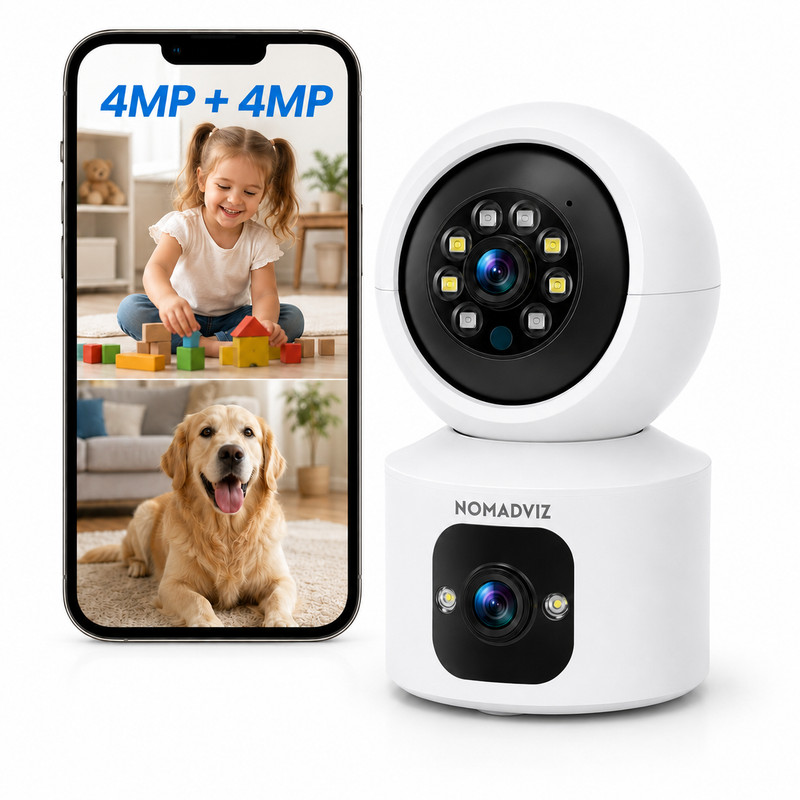 NomadVIZ IndoorCam E2 Dual Lens 4MP+4MP, Two-Way Audio, Human Motion Detection