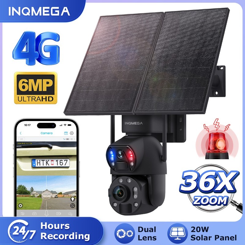 4G Wireless Security Camera Two Lens 360 2K Solar Panel 24/7 Recording 36X Zoom