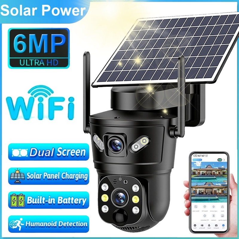 Dual Lens 6MP Solar Security Camera Outdoor Home WiFi Wireless PTZ Surveillance