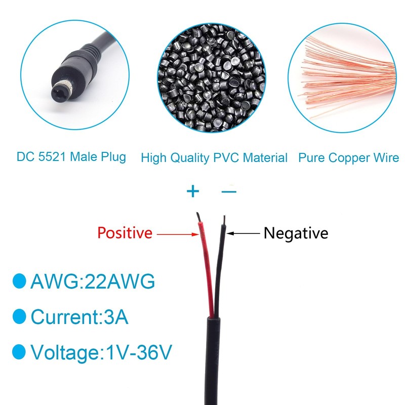 EAHOSUCC 3PCS 1M/3.3FT 22AWG 5.5mm x 2.1mm DC Pigtail 1M/3.3FT, Black gallery
