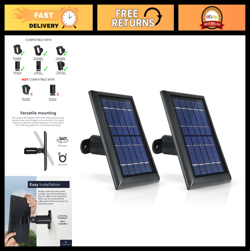 Solar Panel for Ring Spotlight & Stick Up Cam – Continuous Power Supply (2-Pack)