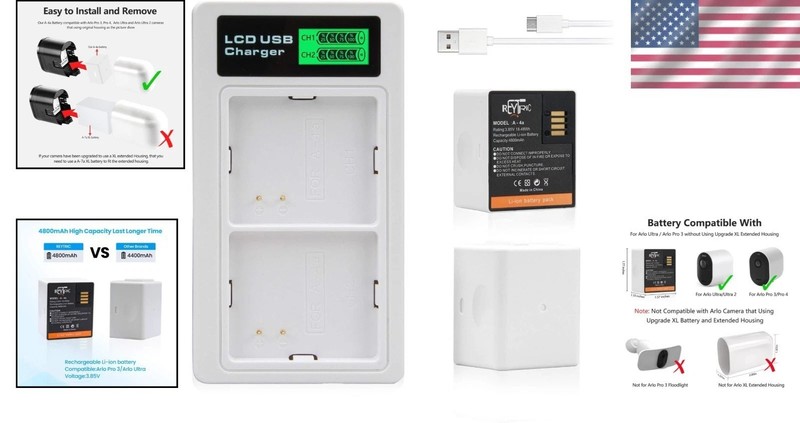 High Capacity Arlo Camera Batteries 4800mAh 2-Pack + Charger gallery