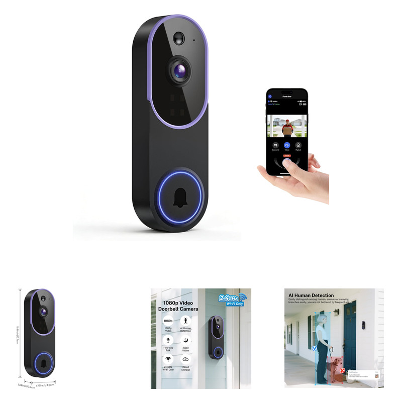 Smart Video Doorbell Camera with Night Vision AI Human Detection 1080p 2.4G WiFi