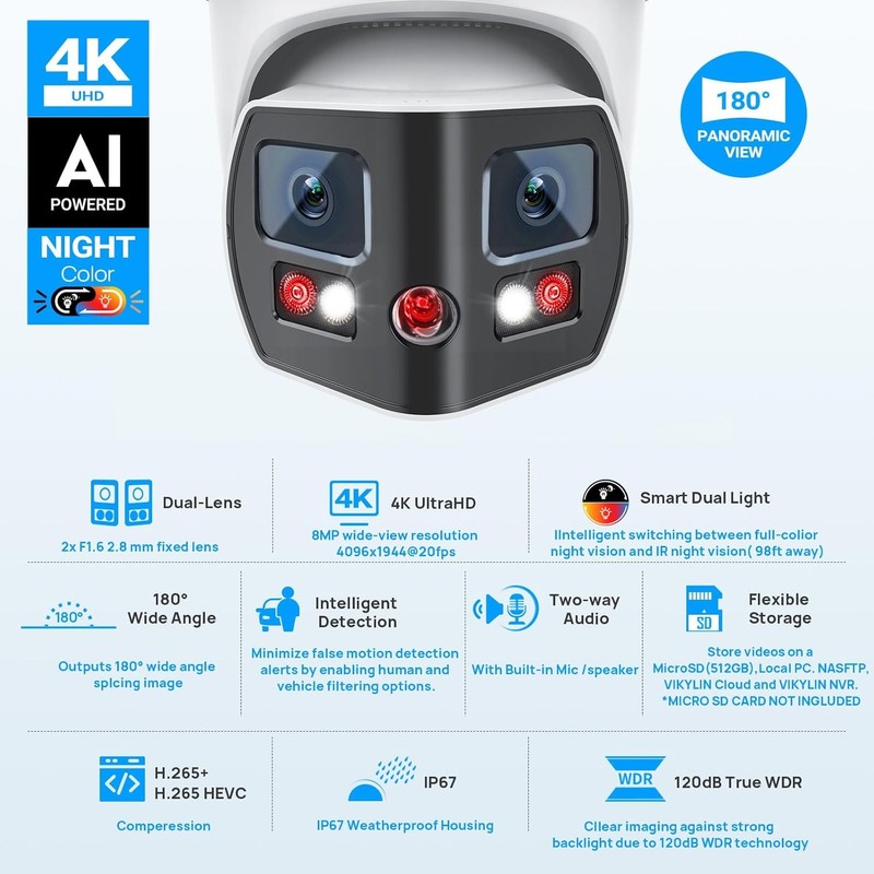 VIKYLIN 4K 8MP 180° Panoramic Turret Camera Dual Lens Full Color IR Built-in Mic gallery