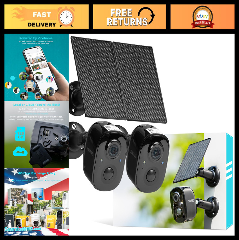 2K Wireless Solar Security Camera System – Outdoor, Battery Powered, Motion Dete