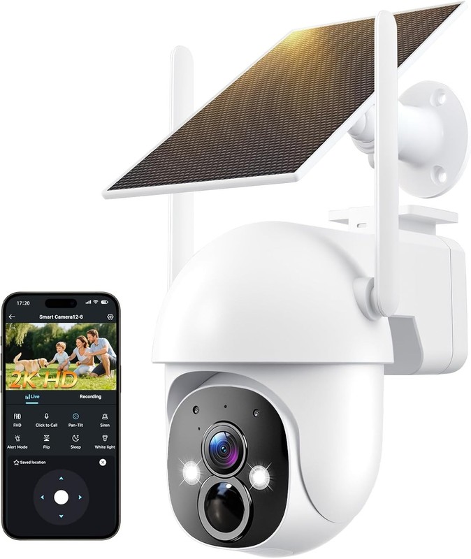 2K Solar Security Cameras Wireless Outdoor, 360° PTZ Outdoor Camera for Home Sec