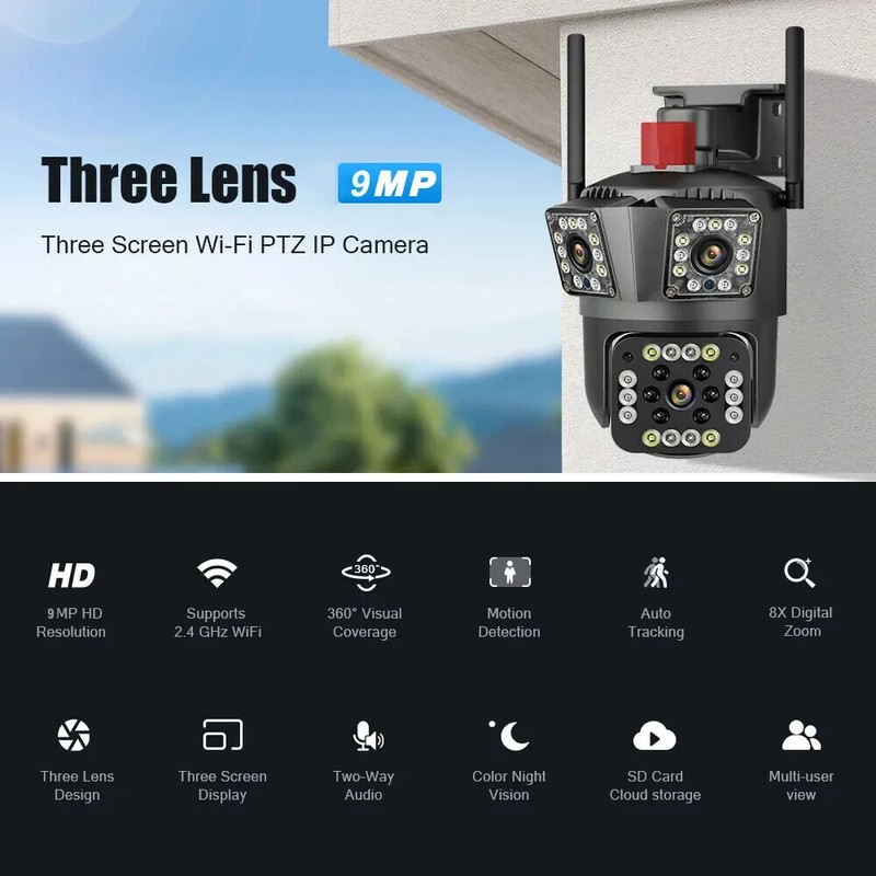Three Screen Three Lens Ai Human Detection Waterproof Wireless Security Cameras gallery