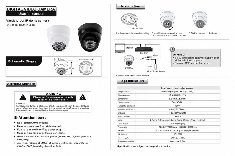 720P IR Dome Security Camera 24 LED Night Vision 3.6mm CCTV Indoor Outdoor 12V gallery