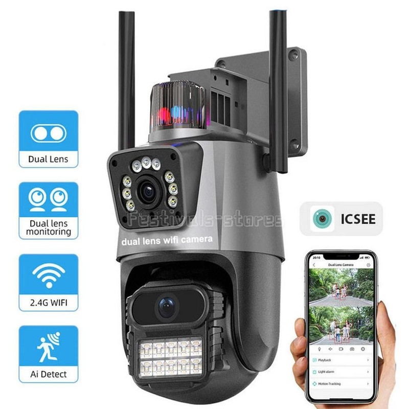 Dual Lens 4K WiFi Security Camera 8X Zoom Outdoor Home Night Vision CCTV PTZ