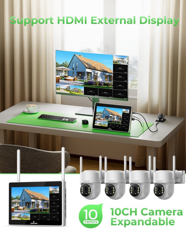 4MP Wireless Home Security Camera System 10CH Solar Wifi 10'' Monitor NVR+500GB gallery