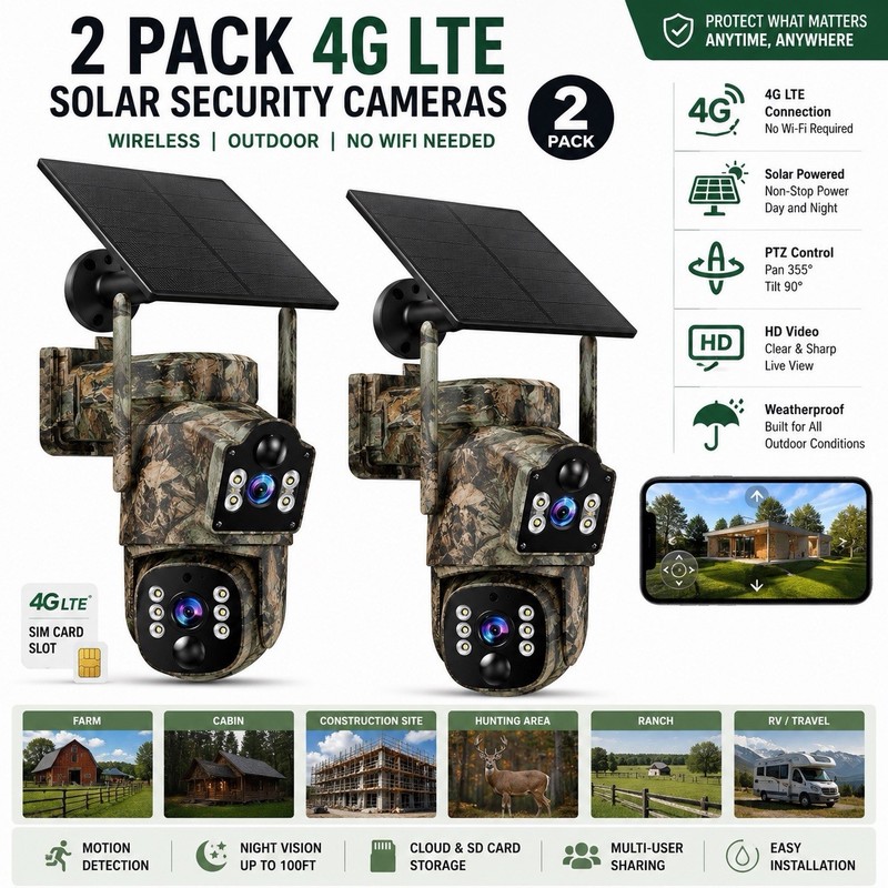 2 Pack 4G LTE Solar Security Camera Wireless PTZ Outdoor HD w/ SIM Card Slot gallery