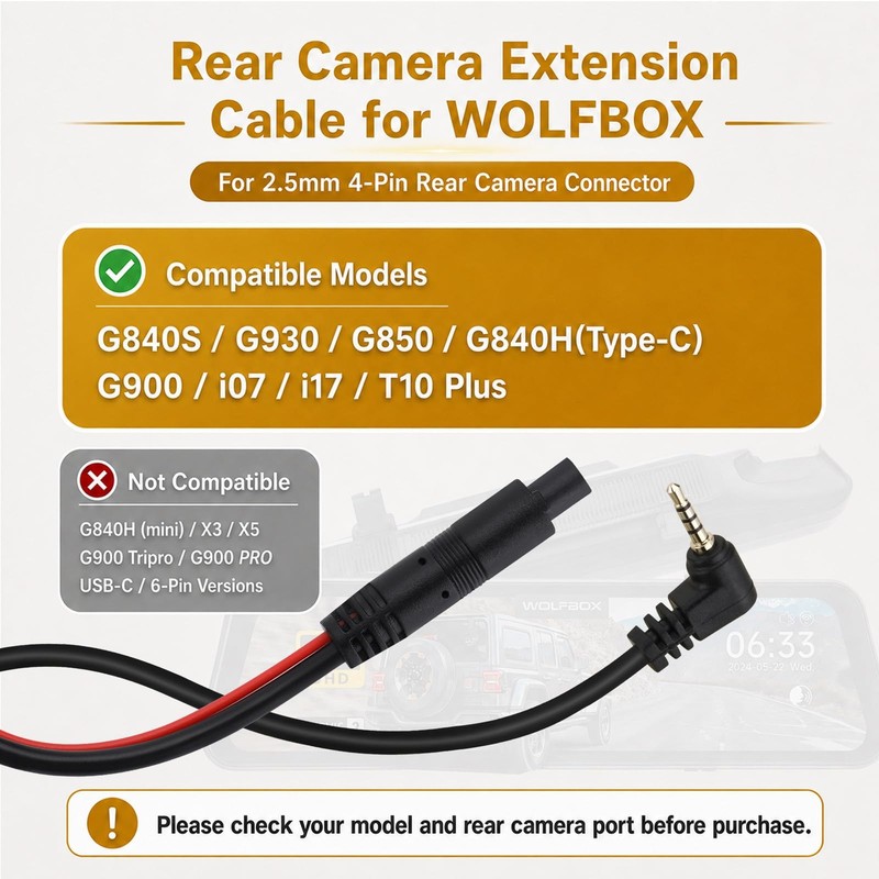 33FT Rear Extension Cable for WOLFBOX G840S/G930/G850/G840H(-)/G900/i07/i17/T... gallery