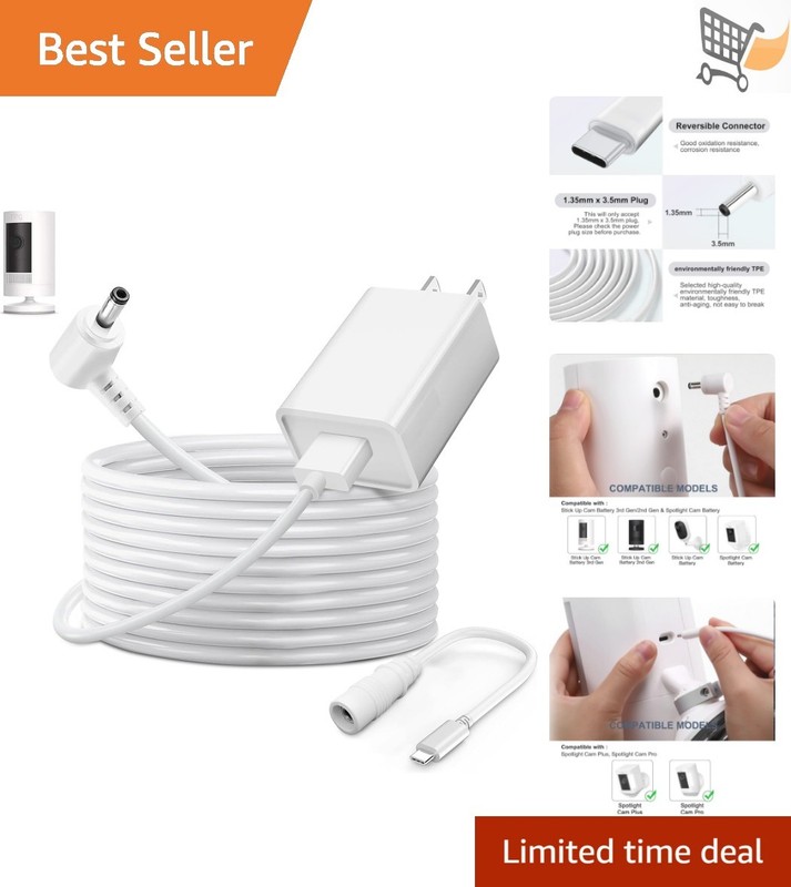 Power Adapter Charger Cord for Ring Cameras Weatherproof 4m White