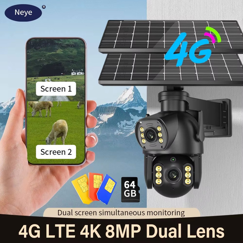 8MP 4K 4G SIM Solar Camera Outdoor Dual Lens Dual Screen Camera AI Automatic Tra