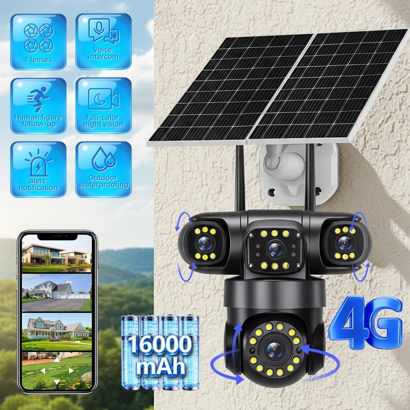 4G Solar Security Camera Outdoor Wireless PTZ 4-Lens 4-Camera Video Night Vision