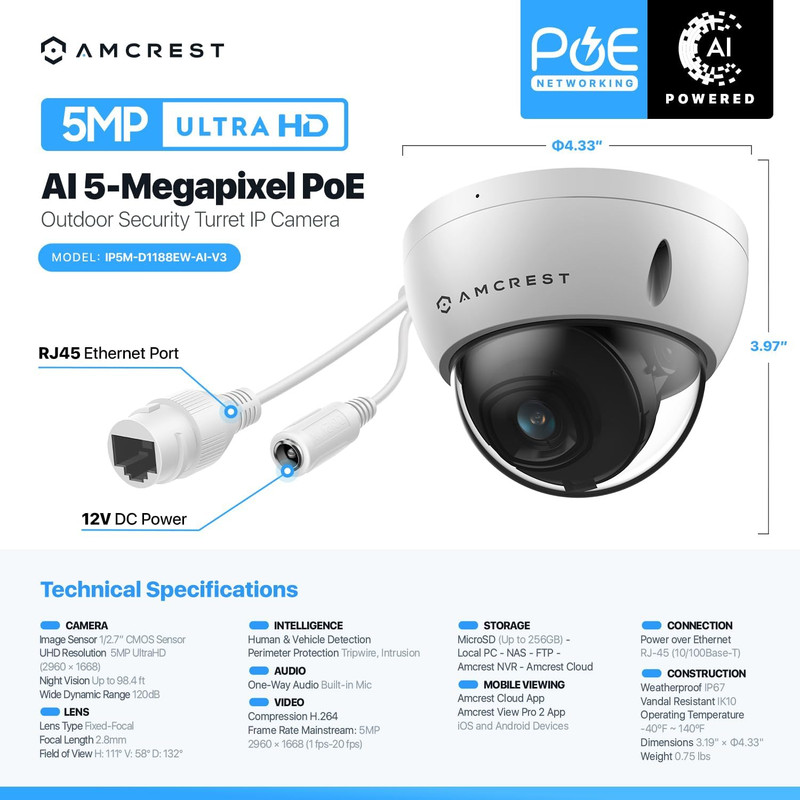 5MP POE Camera, Outdoor Vandal Dome Security POE IP Camera, 5-Megapixel, 98Ft Ni gallery