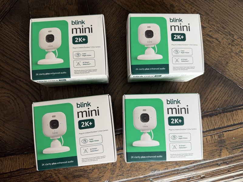 Four Blink Mini 2K+ Indoor Outdoor Plug-In Security Camera White Color