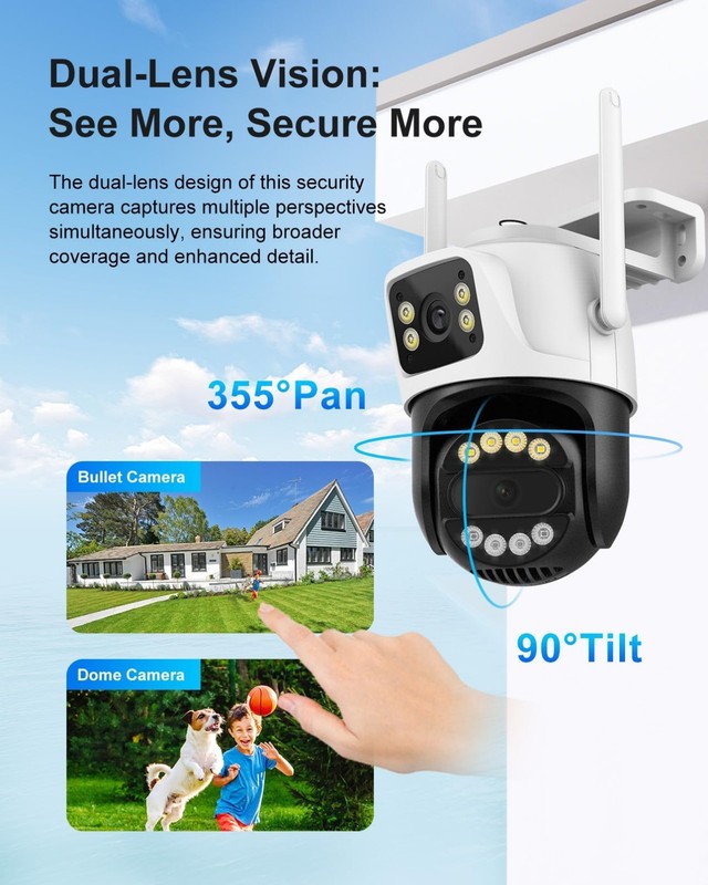6MP Dual Lens WiFi Outdoor Security Camera, PTZ 355° Pan, 90° Tilt, Night Vision gallery