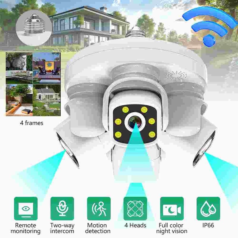 E27 Four Lens WiFi Security IP Camera Outdoor PTZ CCTV Video Cam Night Vision