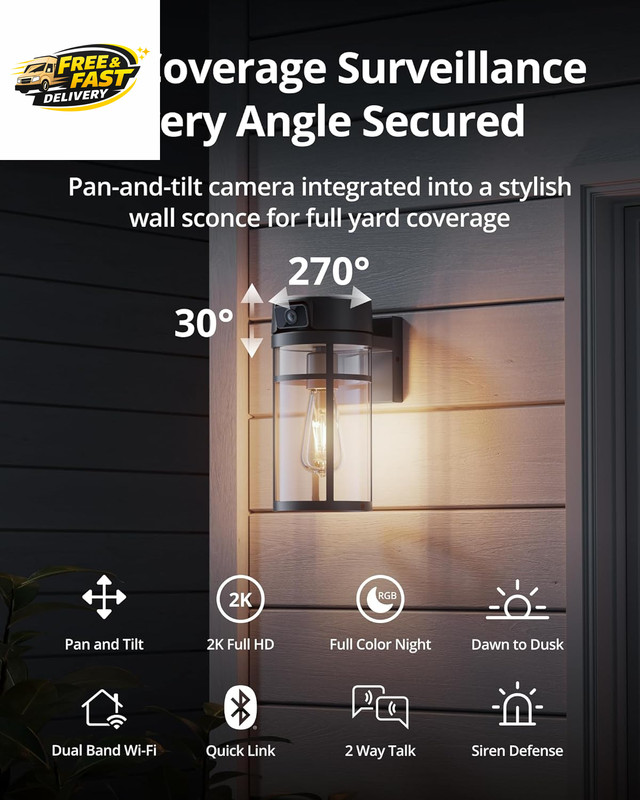 Outdoor Porch Light Security Camera, 2K HD Live View Wi-Fi Human Detection, Pan gallery