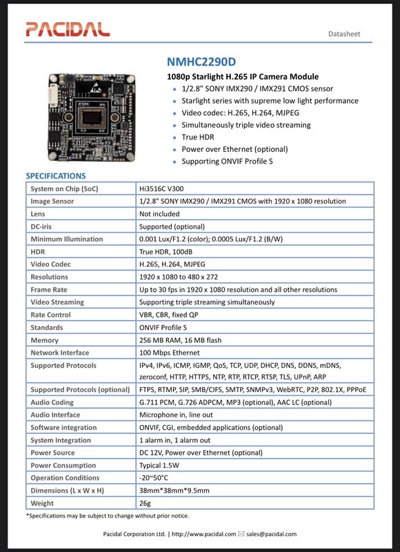 (50) NMHC2290D 1080p Starlight H.265 IP Camera Module CMOS 1/2.8" IMX290/IMX291 gallery