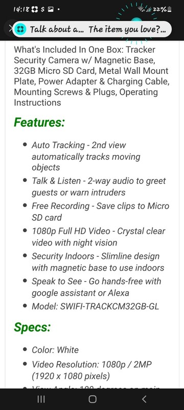 Swann SWIFI-TRACKCM32GB-GL Indoor Tracker IP Security Camera gallery