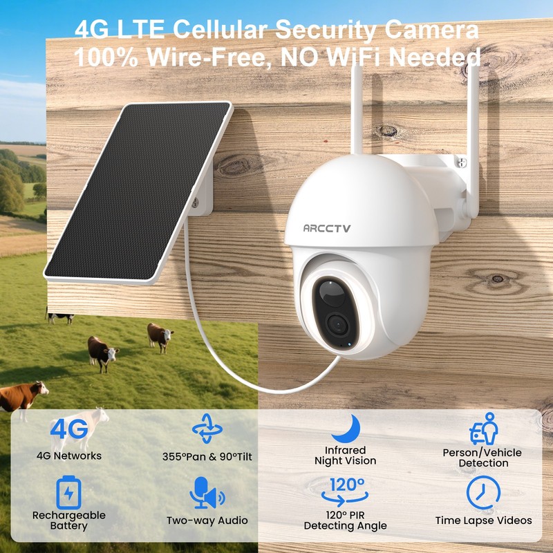 ARCCTV 4G LTE Cellular Solar Battery Wireless Security Camera Outdoor No WiFi IR gallery
