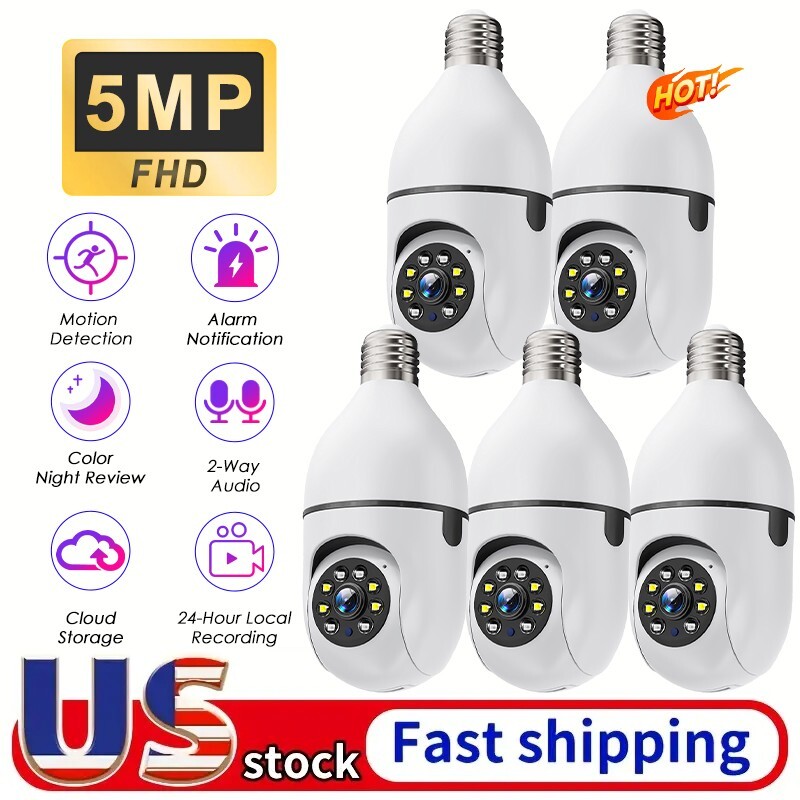 5PCS Light Bulb Security Camera 5MP WIFI 360° Color Wireless IR 2-Way Audio