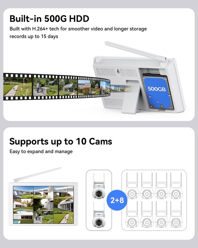 Wireless Security Camera System with 10" LCD Monitor, 2PCS 3MP PTZ Outdoor Ca... gallery
