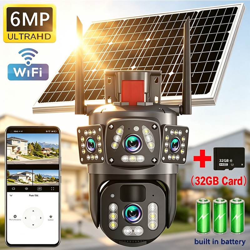 Solar Battery Security Camera Wireless WiFi 2 Lens PTZ Auto Tracking Outdoor Cam