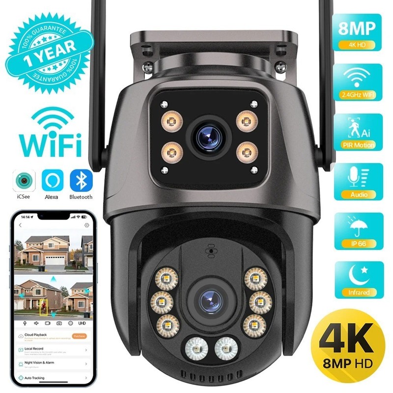 8MP WiFi PTZ Security Camera Dual Lens AI Tracking Outdoor CCTV IP66 Cam