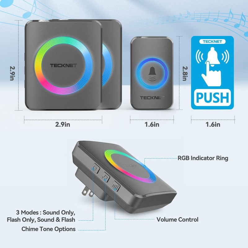 TECKNET Wireless Doorbell with 2 Plug-In 1 button & 2 plug-in receivers, Grey gallery