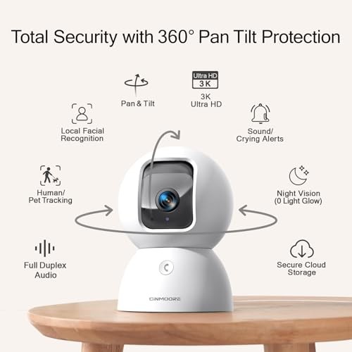 CINMOORE 3K Indoor Security Camera WiFi Pet Baby Monitor AI Face Recognition PTZ gallery