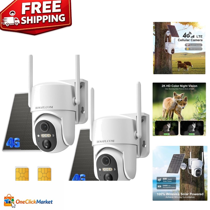 No WiFi 4G Solar Security Camera – 360° Coverage & Color Night Vision, 2 Pack