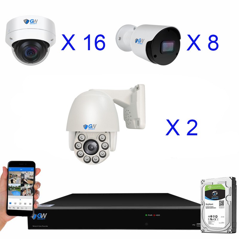 32 Channel 4K 8MP PoE Dome Security System (16 Dome + 8 Bullet + 2 PTZ Cameras)
