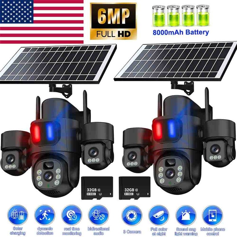 3 Lens Solar Battery Home Security Camera Outdoor Wifi Wireless PTZ CCTV NEW