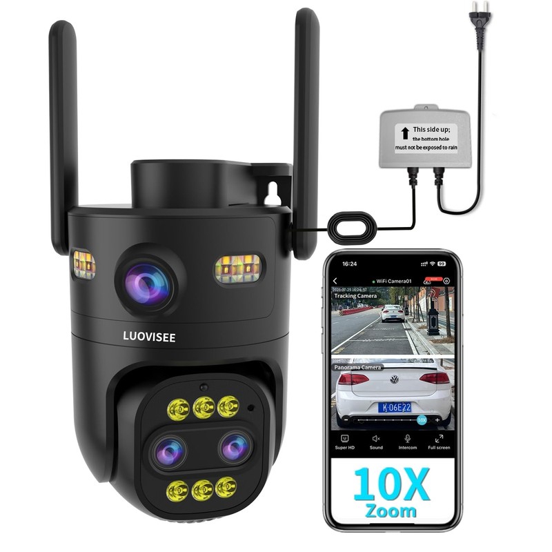 Triple-Lens Outdoor Security Camera, 10X Zoom, WiFi, 24/7 Recording, Motion Trac gallery