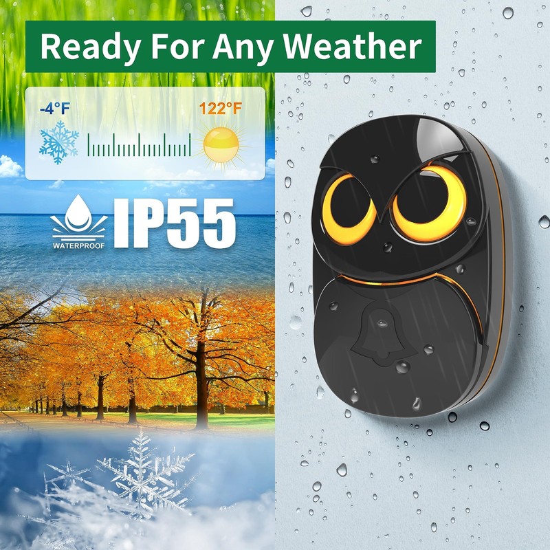 Wireless Doorbell, Cute Owl Doorbell 1 Receiver + 1 Transmitter - Black gallery